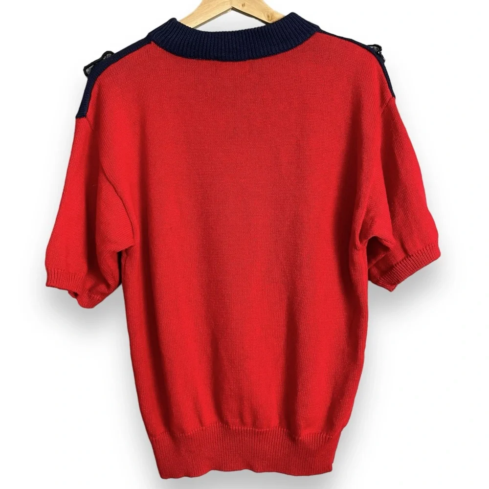 Vintage Sweater‎ Short Sleeves 4th of July America Embellished Flowers Red Blue